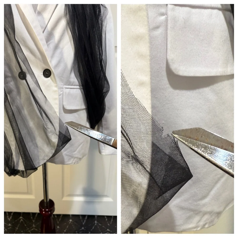 Adeptt white blazer with black tulle draping